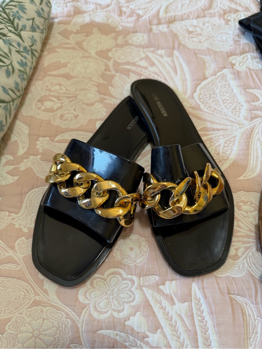 Steve Madden Black Slide Sandals with Gold Chain Accent